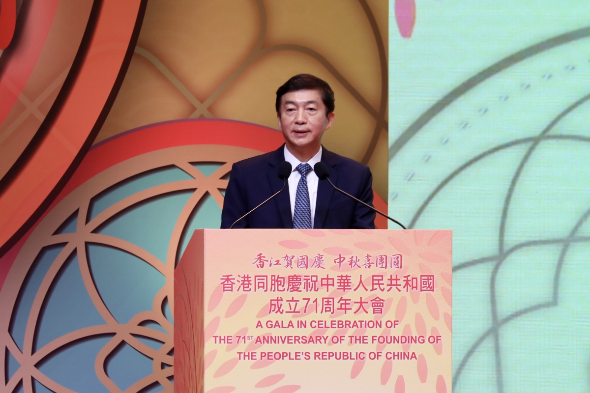 中央政府駐港聯絡辦主任駱惠寧在慶祝大會上致辭。（點新聞記者攝）