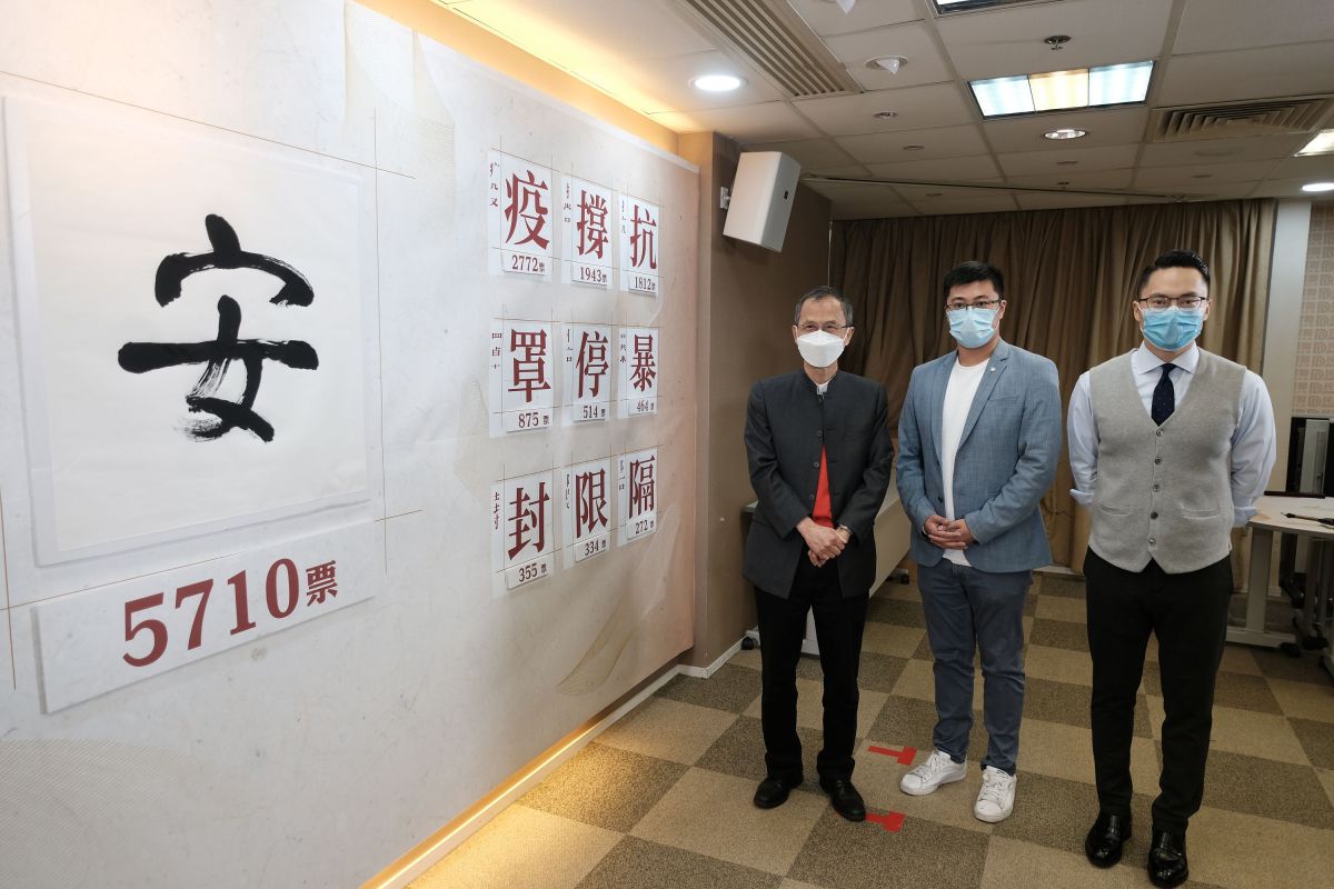 今年的十個候選漢字為：「安」﹑「罩」﹑「暴」﹑「疫」﹑「抗」﹑「撐」﹑「隔」﹑「限」﹑「封」﹑「停」。當中「安」字得票最高，獲5710票。其次為「疫」字，獲2772票，第三則為「撐」字，獲1943票。（點新聞記者麥鈞傑攝）