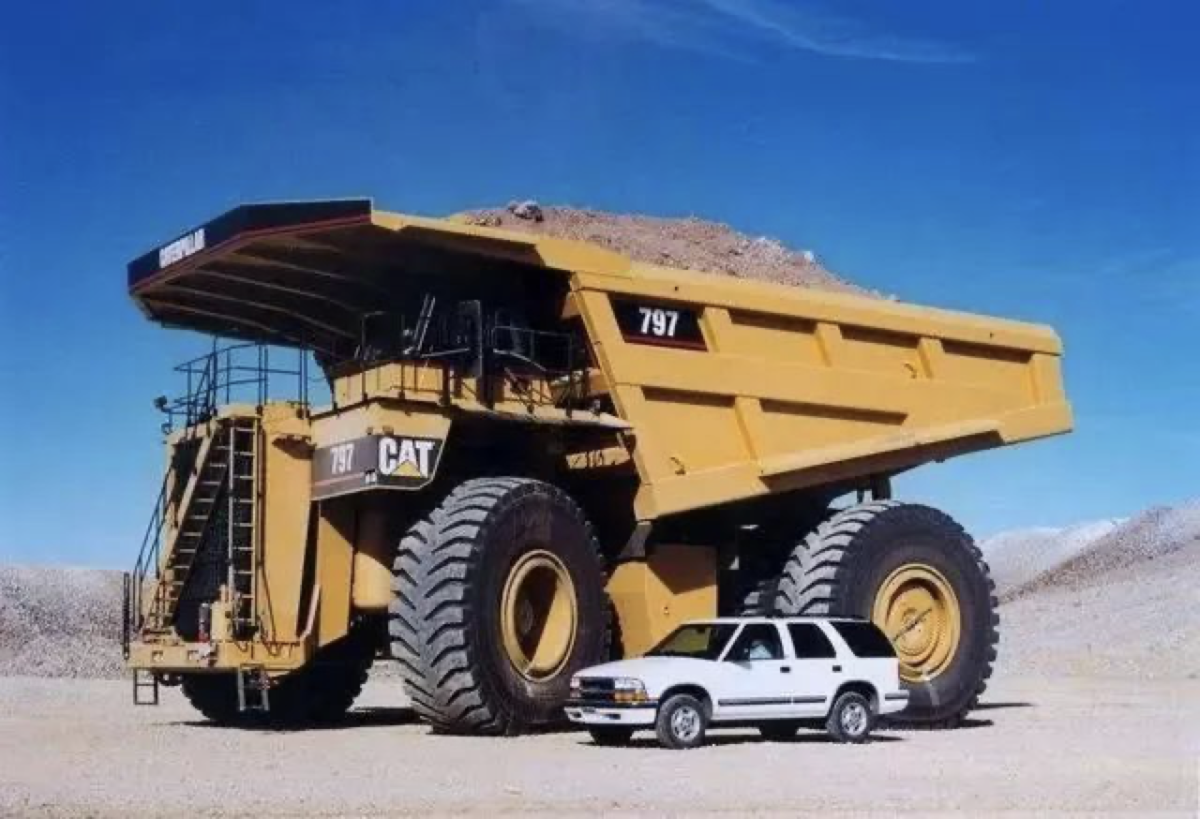 The world's largest ore car Caterpillar 797 vs. a regular car (Internet)