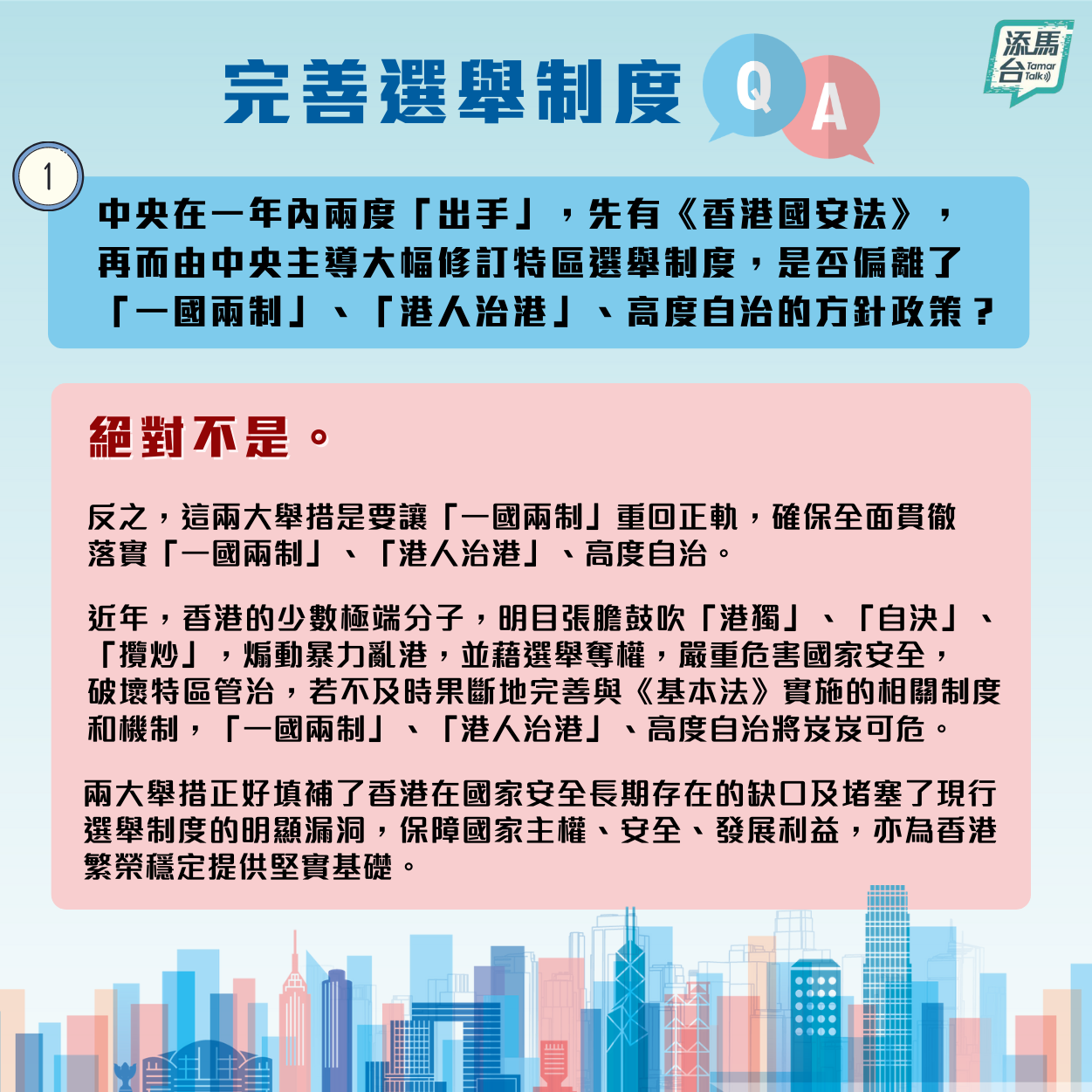 全國人大常委會通過新修訂的基本法附件一和附件二，完善香港特區的選舉制度，建立一套符合「一國兩制」、香港實際情況，以及落實「愛國者治港」的政治體制。

特區政府近日在社交媒體上發文，系統回答了新的修訂怎樣令香港由亂到治，確保愛國者治港，「一國兩制」行穩至遠，香港繼續安定繁榮等一系列問題。