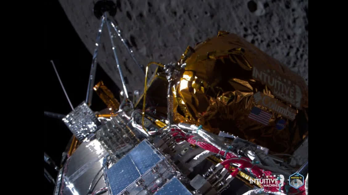 U.S. moon lander described as tipped over sideways on lunar surface