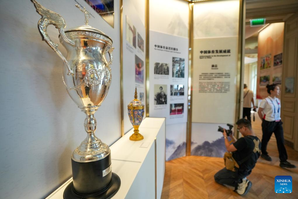 This photo taken on July 24, 2024 shows the 1981 FIVB Women's World Cup trophy on display at the China House in Paris, France. The China House for the Paris 2024 Olympic Games was inaugurated at the Hotel Salomon de Rothschild in Paris on Wednesday. (Xinhua/Ju Huanzong)