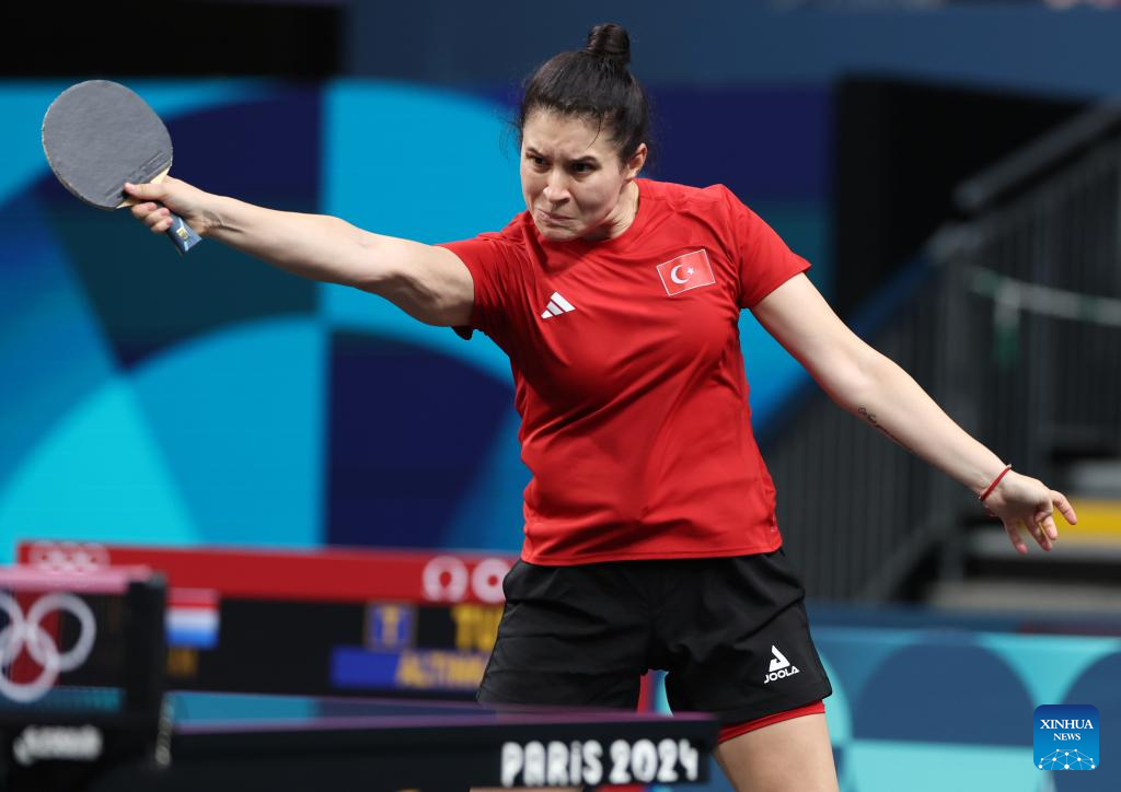 Sibel Altinkaya of Türkiye competes during the women's singles round of 64 match of table tennis against Ni Xialian of Luxembourg at the Paris 2024 Olympic Games in Paris, France, on July 27, 2024. (Xinhua/Wang Dongzhen)