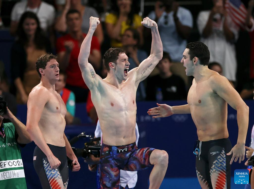 Team the United States celebrate after Men's 4x100m Freestyle Relay Final of Swimming at the Paris 2024 Olympic Games in Paris, France, on July 27, 2024. (Xinhua/Luo Yuan)