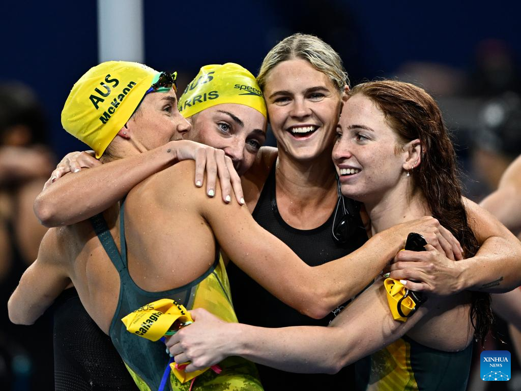 Team Australia celebrate after Women's 4x100m Freestyle Relay Final of Swimming at the Paris 2024 Olympic Games in Paris, France, on July 27, 2024. (Xinhua/Wang Peng)