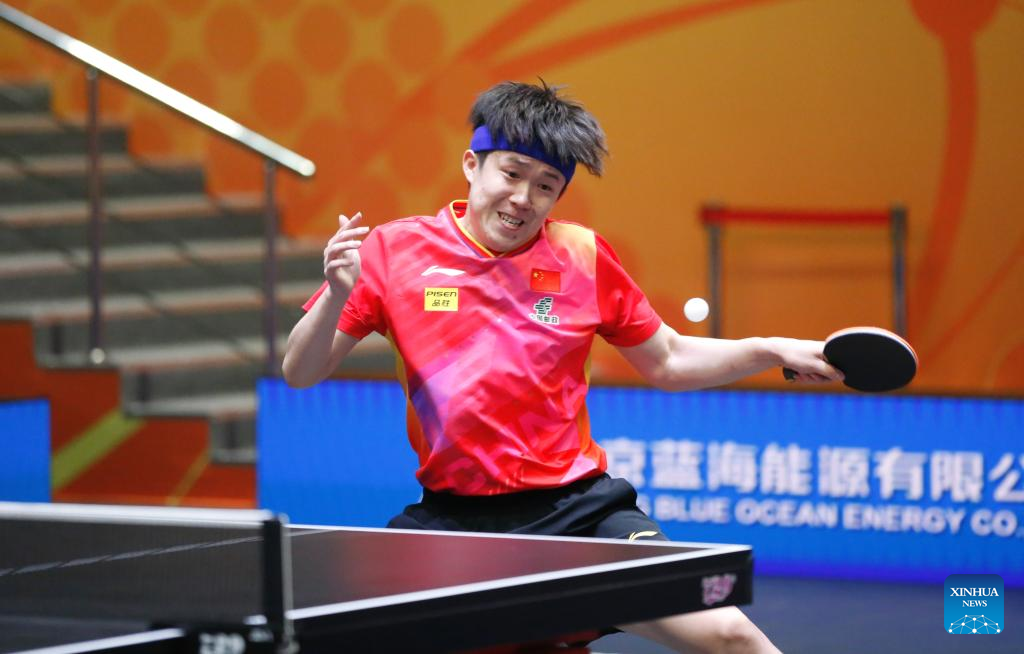 Wang Chuqin of China hits a return against Oh Junsung of South Korea during the men's singles quarterfinal match at the 27th ITTF-Asian Table Tennis Championships in Astana, Kazakhstan, Oct. 12, 2024. (Photo by Kalizhan Ospanov/Xinhua)