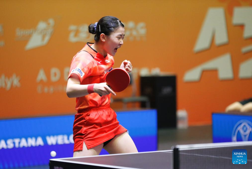 Harimoto Miwa celebrates scoring during the women's singles semifinal match between Harimoto Miwa and Ito Mima of Japan at the 27th ITTF-Asian Table Tennis Championships in Astana, Kazakhstan, Oct. 12, 2024. (Photo by Kalizhan Ospanov/Xinhua)