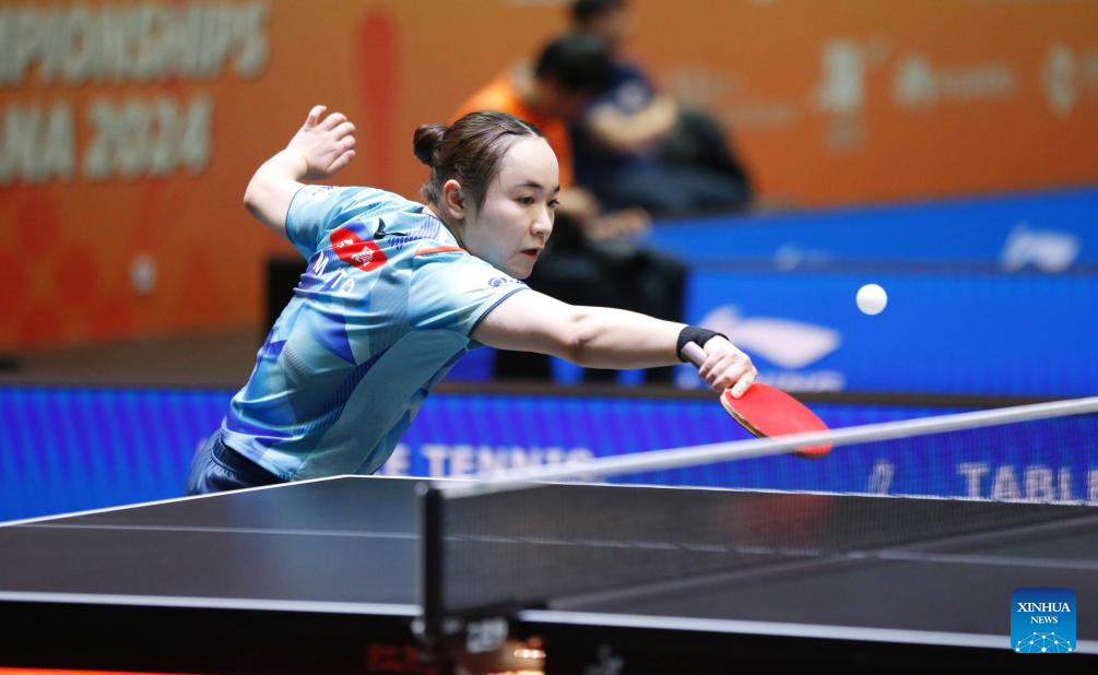 Ito Mima hits a return during the women's singles semifinal match between Harimoto Miwa and Ito Mima of Japan at the 27th ITTF-Asian Table Tennis Championships in Astana, Kazakhstan, Oct. 12, 2024. (Photo by Kalizhan Ospanov/Xinhua)