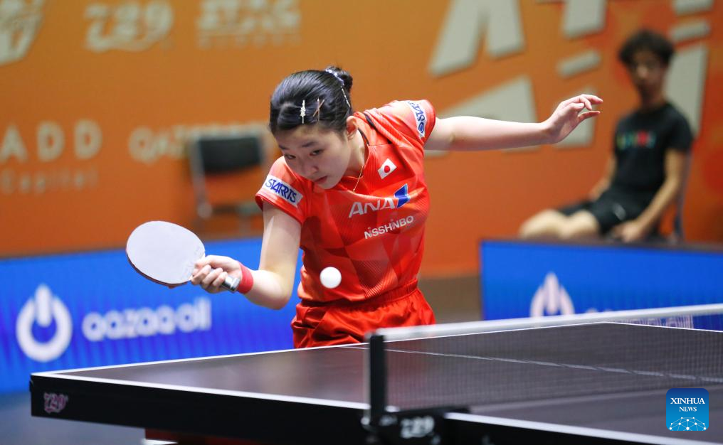 Harimoto Miwa hits a return during the women's singles semifinal match between Harimoto Miwa and Ito Mima of Japan at the 27th ITTF-Asian Table Tennis Championships in Astana, Kazakhstan, Oct. 12, 2024. (Photo by Kalizhan Ospanov/Xinhua)