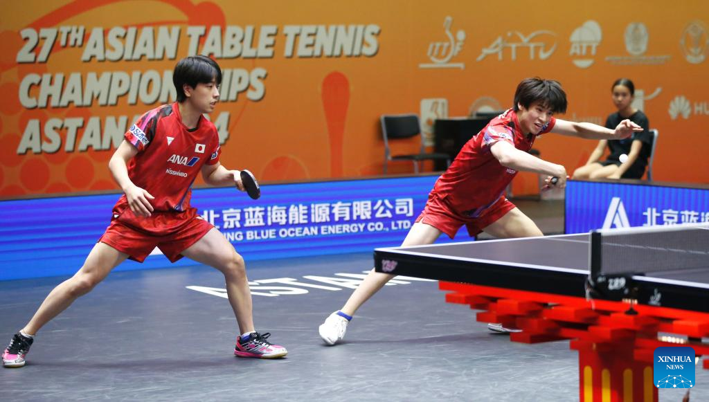 Togami Shunsuke (R)/Shinozuka Hiroto compete during the men's doubles semifinal match between Togami Shunsuke/Shinozuka Hiroto of Japan and An Jaehyun/Lim Jonghoon of South Korea at the 27th ITTF-Asian Table Tennis Championships in Astana, Kazakhstan, Oct. 12, 2024. (Photo by Kalizhan Ospanov/Xinhua)