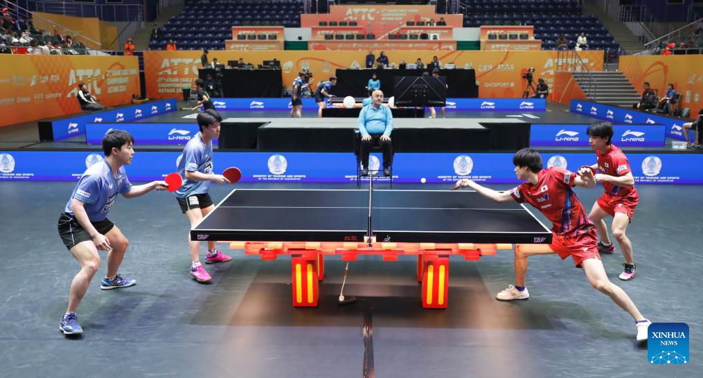 Togami Shunsuke (2nd R)/Shinozuka Hiroto (1st R) compete during the men's doubles semifinal match between Togami Shunsuke/Shinozuka Hiroto of Japan and An Jaehyun/Lim Jonghoon of South Korea at the 27th ITTF-Asian Table Tennis Championships in Astana, Kazakhstan, Oct. 12, 2024. (Photo by Kalizhan Ospanov/Xinhua)