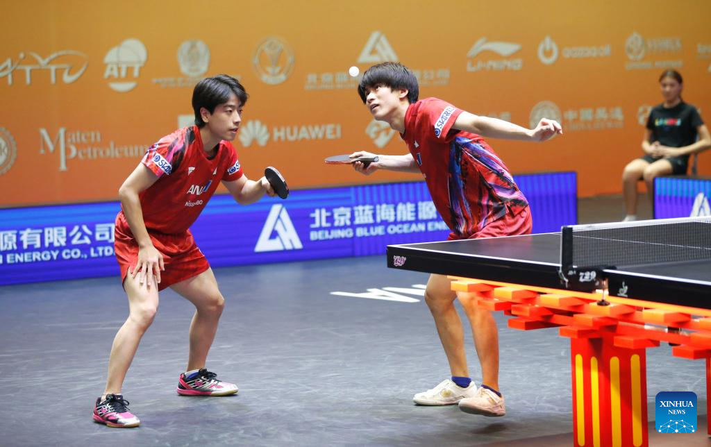Togami Shunsuke (R)/Shinozuka Hiroto compete during the men's doubles semifinal match between Togami Shunsuke/Shinozuka Hiroto of Japan and An Jaehyun/Lim Jonghoon of South Korea at the 27th ITTF-Asian Table Tennis Championships in Astana, Kazakhstan, Oct. 12, 2024. (Photo by Kalizhan Ospanov/Xinhua)