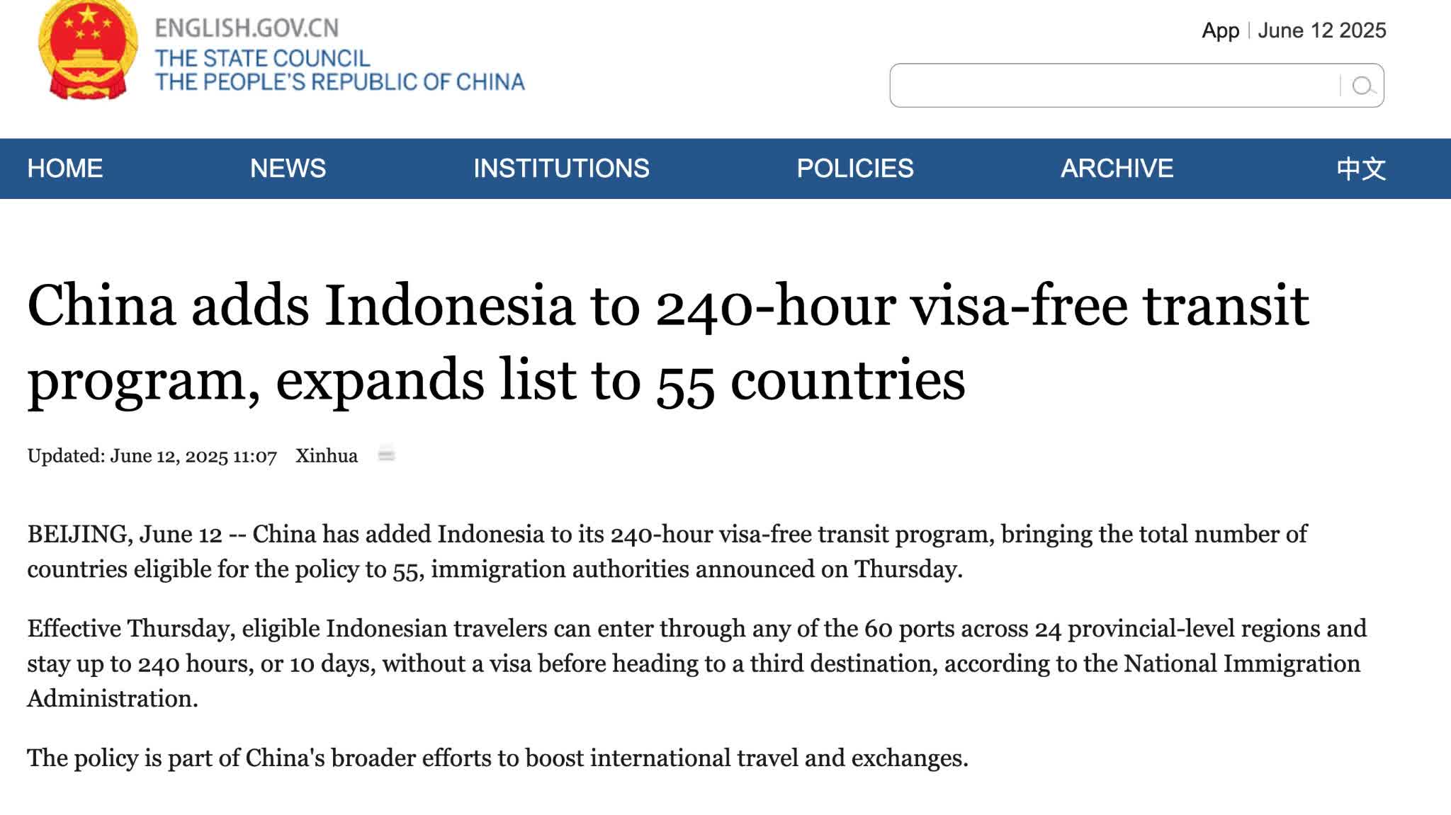China adds Indonesia to 240-hour visa-free transit policy, expands list to 55 countries