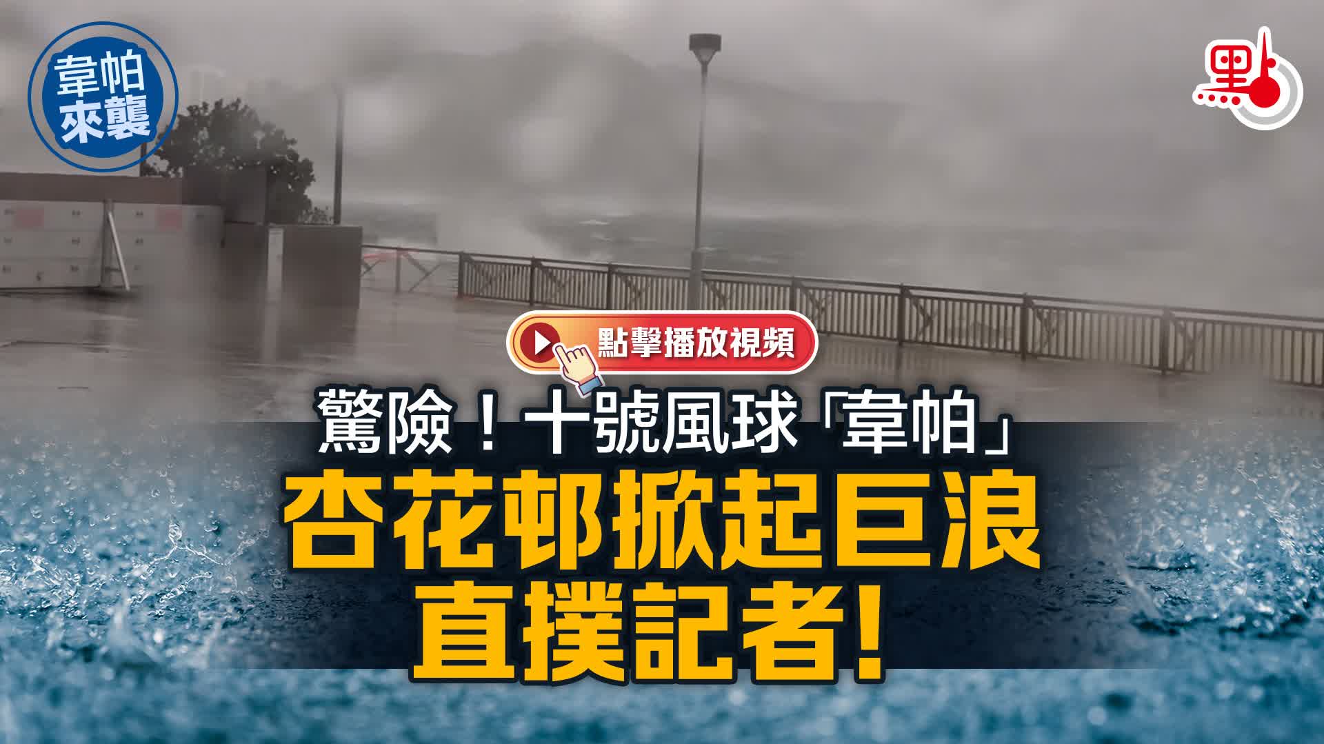 （有片）驚險！十號風球「韋帕」杏花邨掀起巨浪直撲記者！