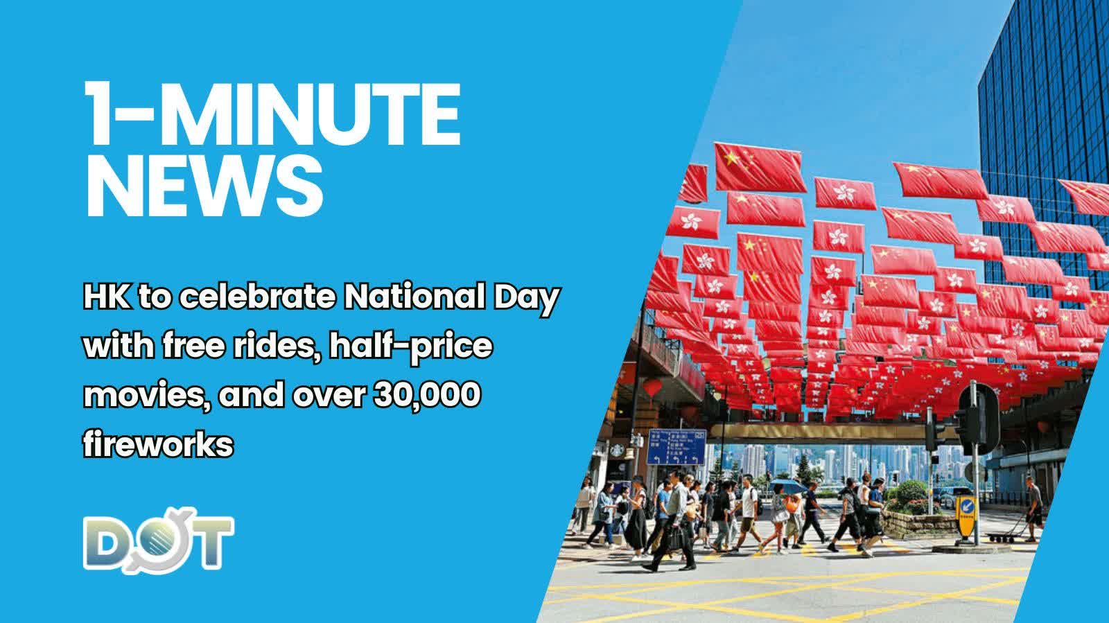 1-minute News | HK to celebrate National Day with free rides, half-price movies, and over 30,000 fireworks