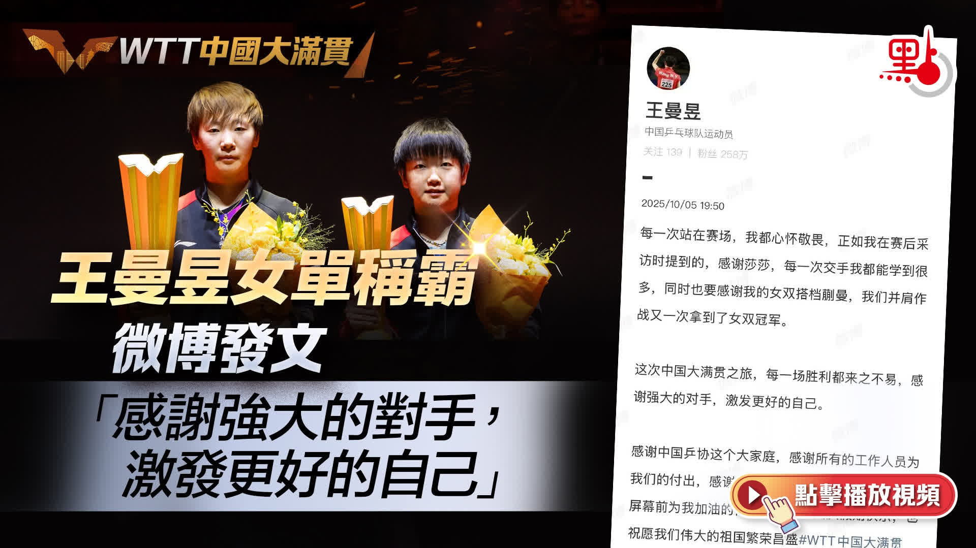 有片+多圖）王曼昱女單稱霸微博發文「感謝強大的對手，激發更好的 ...
