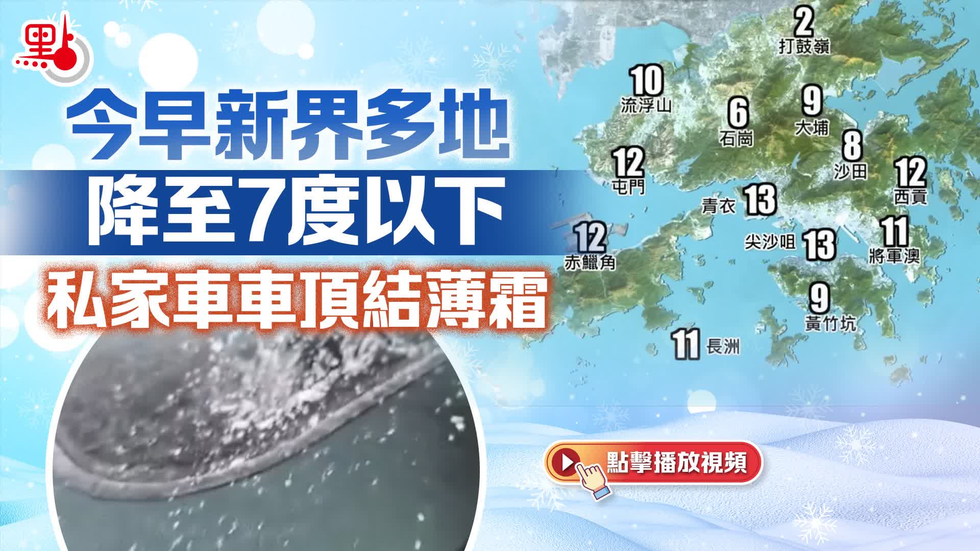 （有片）今早新界多地降至7度以下　私家車車頂結薄霜