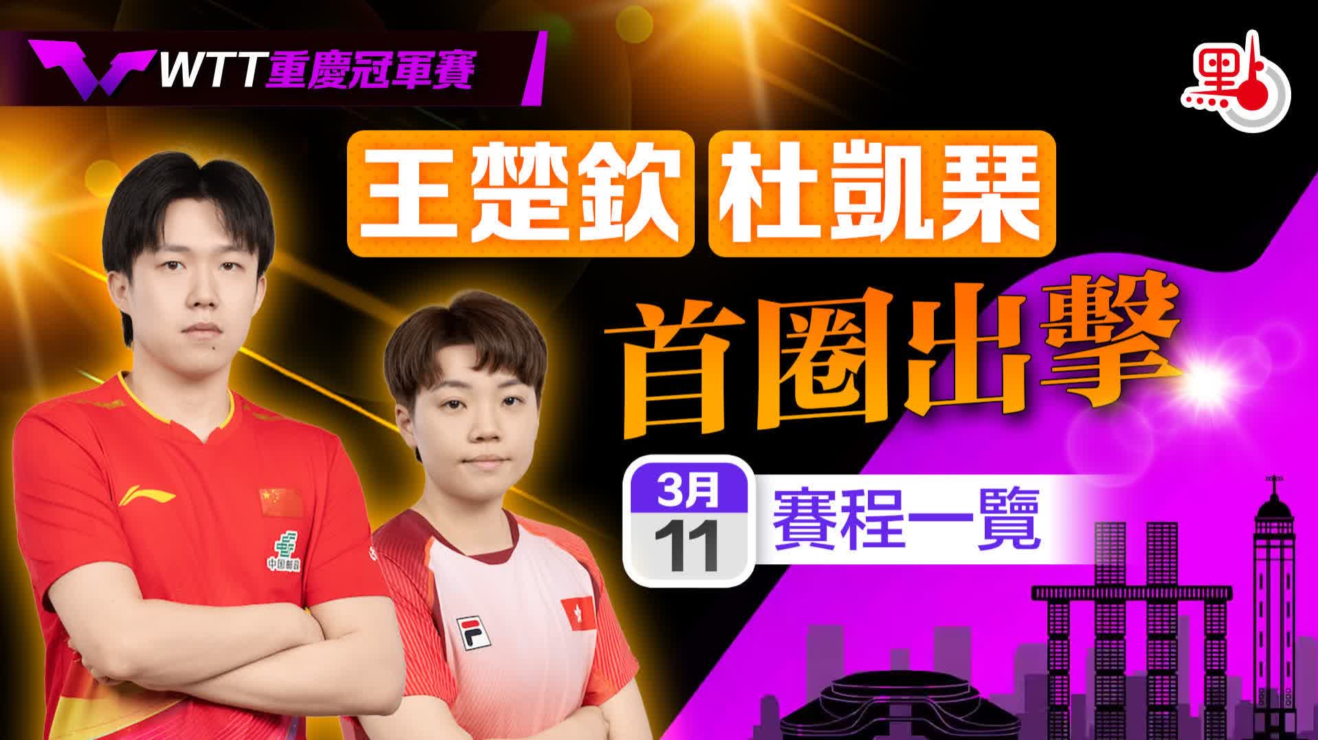 WTT重慶冠軍賽｜王楚欽杜凱琹首圈出擊　3·11賽程一覽