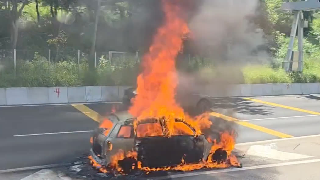 Watch This | Car engulfed in flames on West Kowloon Highway, lanes closed and traffic severely disrupted
