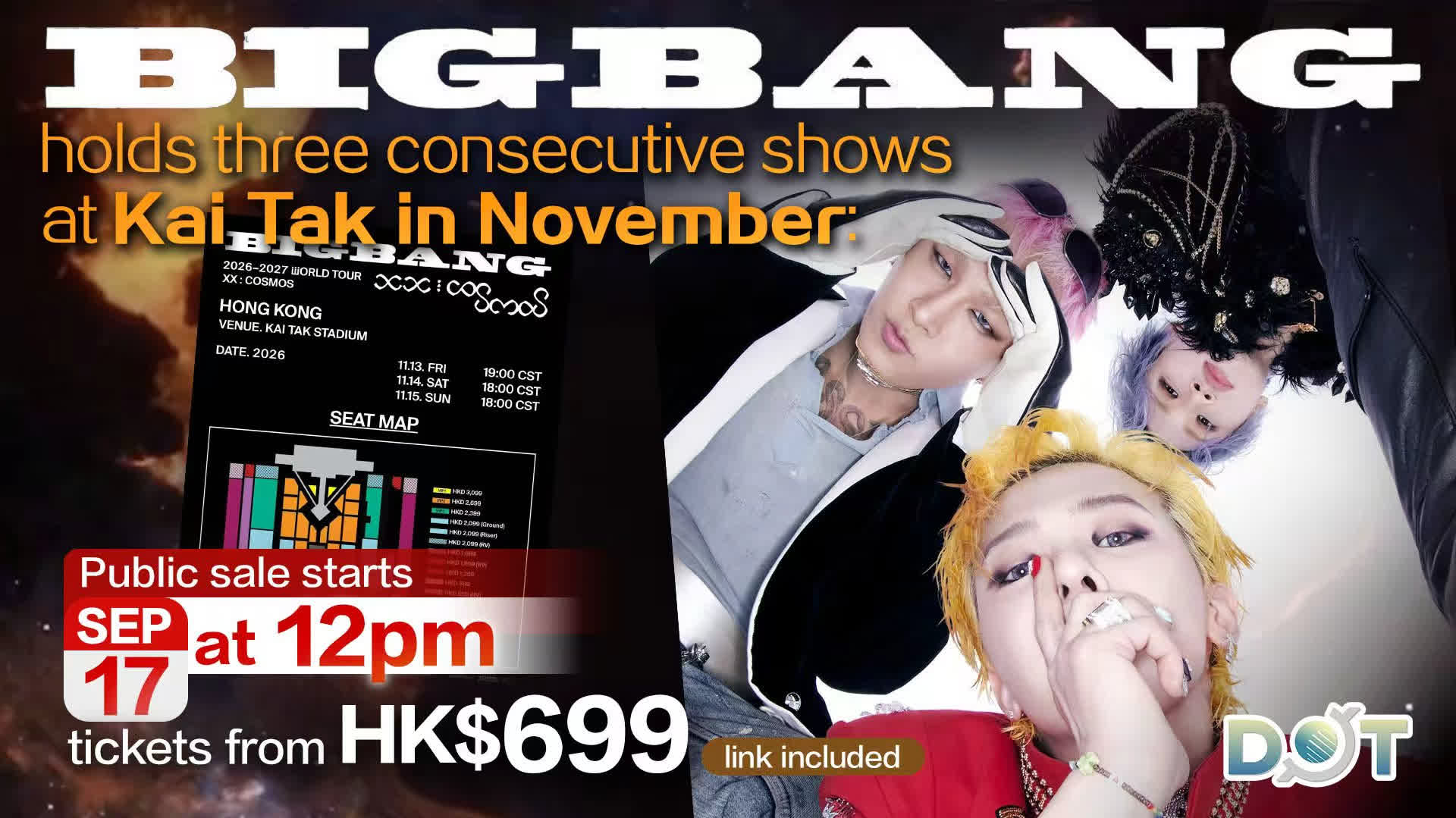 BIGBANG holds three consecutive shows at Kai Tak in November: Public sale starts today at 12pm, tickets from HK$699 (link included)