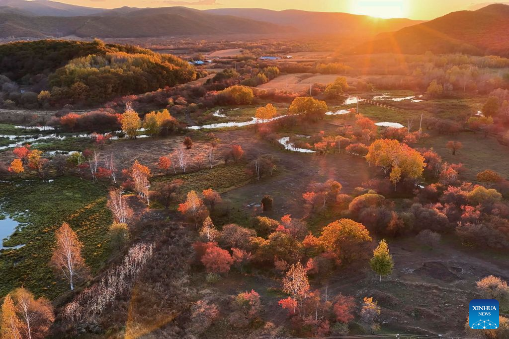 An aerial drone photo taken on Oct. 1, 2026 shows the autumn scenery at the Jingpohu Global Geopark in Mudanjiang City, northeast China's Heilongjiang Province. (Wang Baoxun/Xinhua)