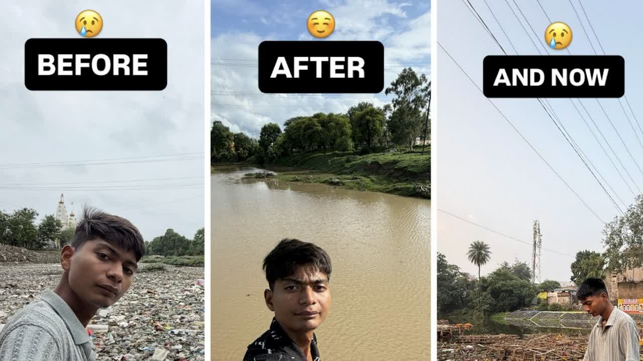 Indian student cleans riverbank by hand for eight months; trash returns within weeks, bin stolen the next day